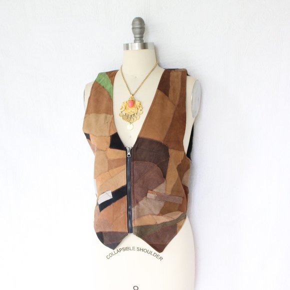 Vintage 60's Leather vest tunic Patchwork fish scale hippie western Free People - Picture 6 of 11